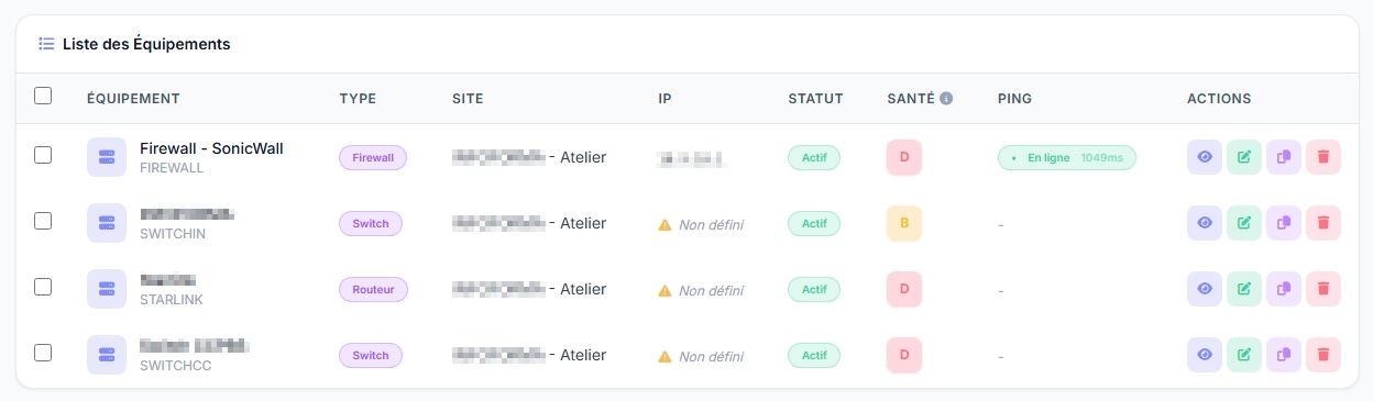 Liste des équipements